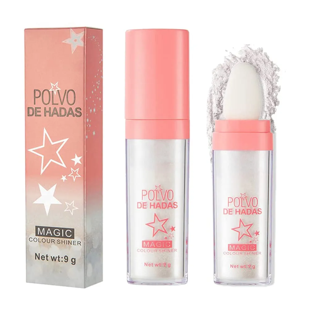 Polvo De Hadas Makeup Powder, Highlighter Powder Stick Body Shimmer Patting Powder Glitter High Gloss Sparkle Loose Brighten Face Body Lips Eyes Glow Cosmetic
