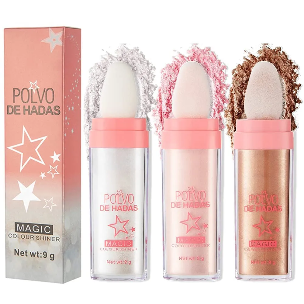 Polvo De Hadas Makeup Powder, Highlighter Powder Stick Body Shimmer Patting Powder Glitter High Gloss Sparkle Loose Brighten Face Body Lips Eyes Glow Cosmetic