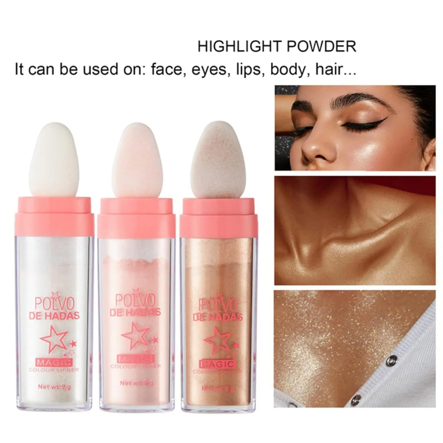 Polvo De Hadas Makeup Powder, Highlighter Powder Stick Body Shimmer Patting Powder Glitter High Gloss Sparkle Loose Brighten Face Body Lips Eyes Glow Cosmetic