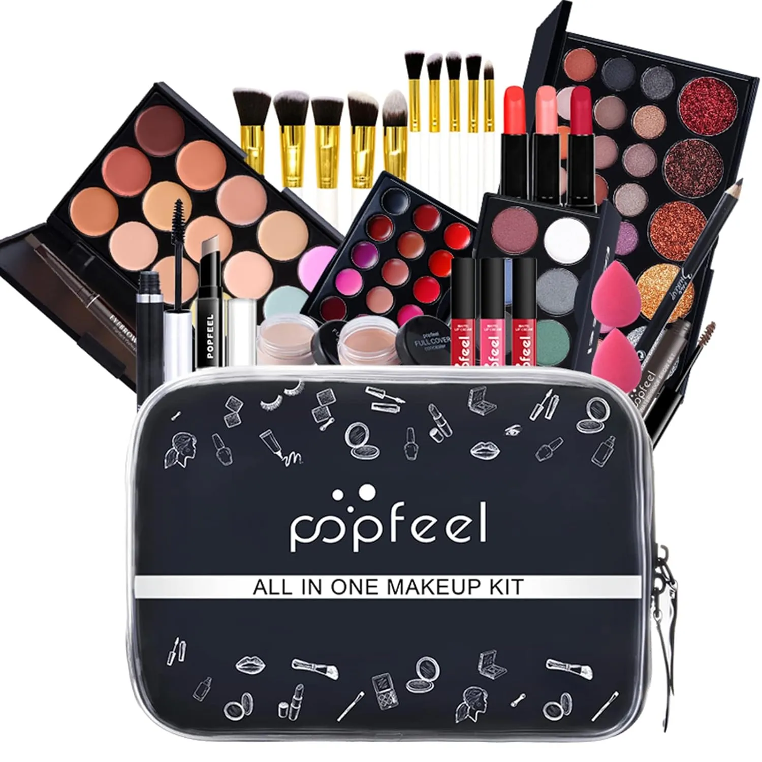 Pure Vie All-in-One Holiday Gift Surprise Makeup Set Essential Starter Bundle Include Eyeshadow Palette Lipstick Concealer Blush Mascara Eyeliner Face Powder Lipgloss Brush - Full Makeup Kit for Women