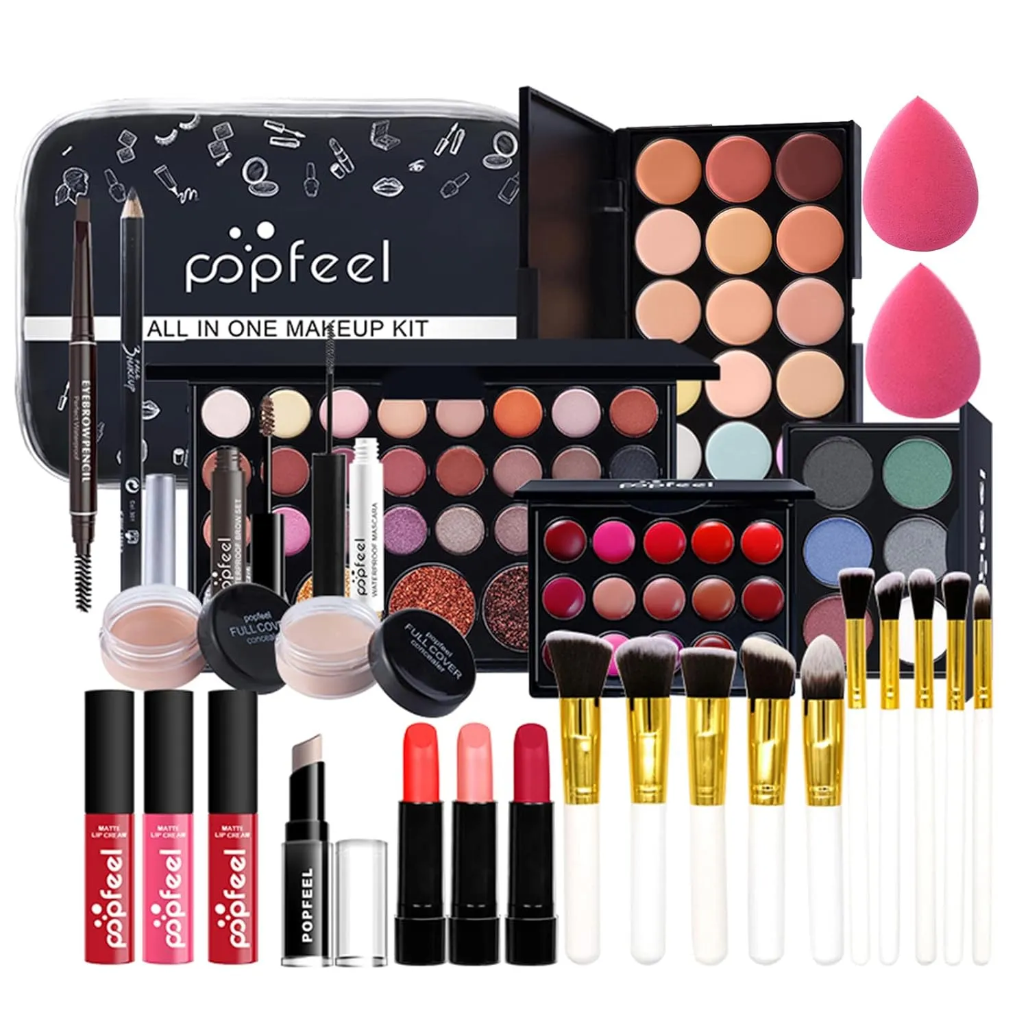 Pure Vie All-in-One Holiday Gift Surprise Makeup Set Essential Starter Bundle Include Eyeshadow Palette Lipstick Concealer Blush Mascara Eyeliner Face Powder Lipgloss Brush - Full Makeup Kit for Women