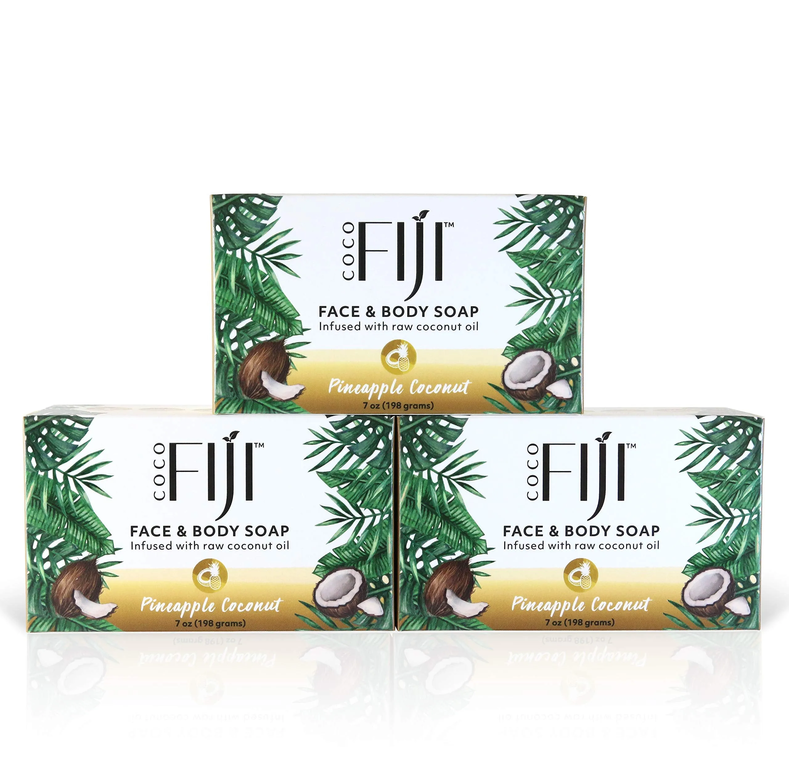 "Coco Fiji Soap Bar for Face and Body Infused With Organic Coconut Oil, Pineapple Coconut Essential Oil, Natural Soap for Moisturizing & Pore Purifying Skin, 7 oz, Pack Of 3 "