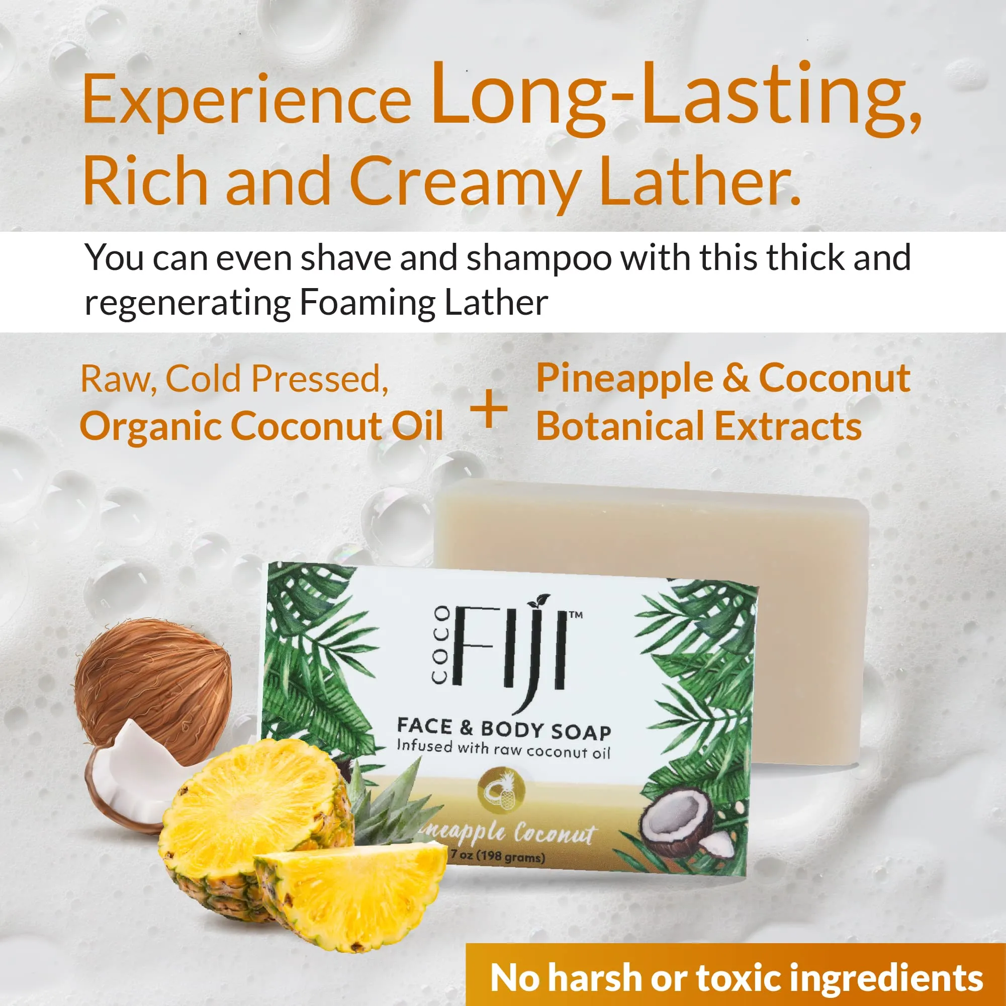 "Coco Fiji Soap Bar for Face and Body Infused With Organic Coconut Oil, Pineapple Coconut Essential Oil, Natural Soap for Moisturizing & Pore Purifying Skin, 7 oz, Pack Of 3 "