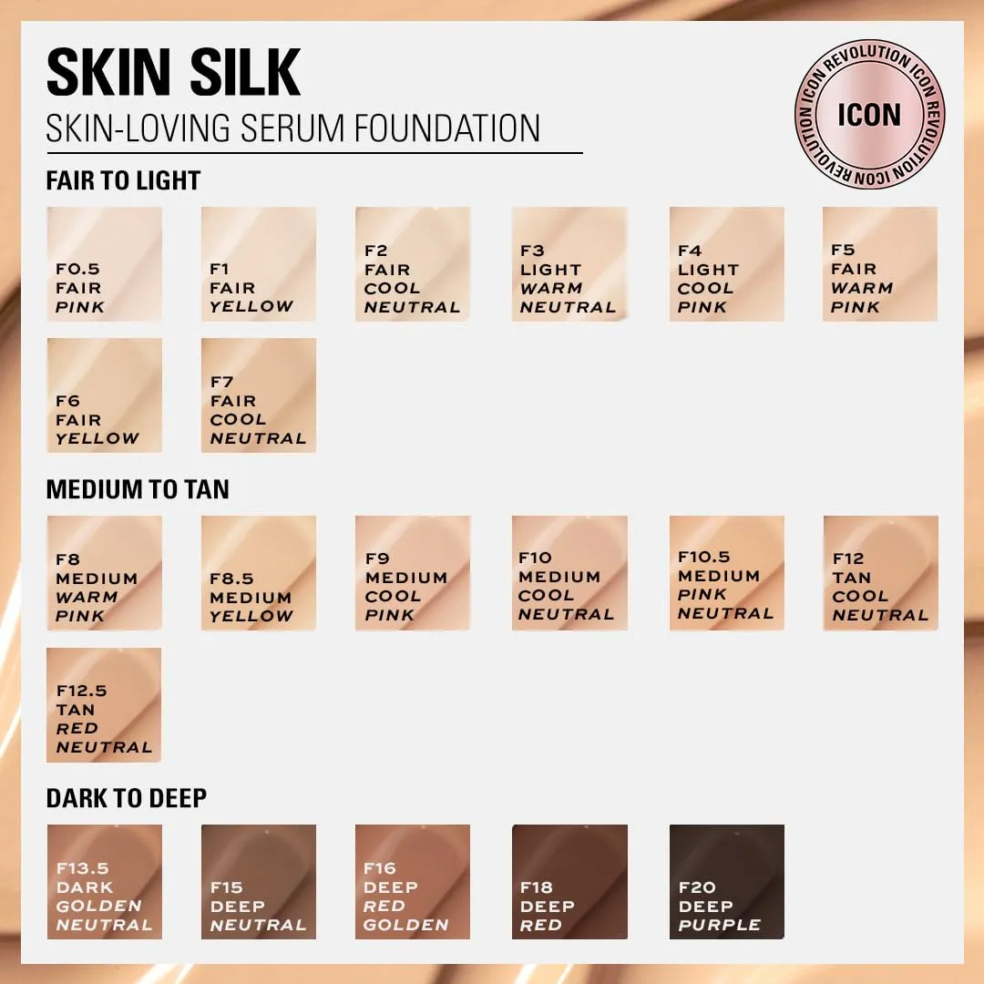 Revolution Beauty, Skin Silk Serum Foundation, Light to Medium Coverage, Lightweight & Radiant Finish, Contains Hyaluronic Acid, F10.5 Medium Skin Tones, 0.77 Fl. Oz.