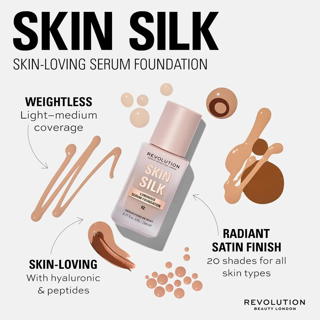 Revolution Beauty, Skin Silk Serum Foundation, Light to Medium Coverage, Lightweight & Radiant Finish, Contains Hyaluronic Acid, F10.5 Medium Skin Tones, 0.77 Fl. Oz.