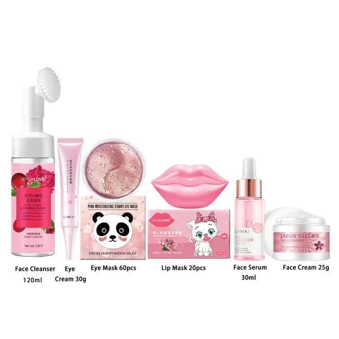 Sakura Facial Cleanser Moisturize Nourish Remove Fine Lines Lip Mask Fade Dark Circles Eye Cream Korean Cosmetics Skin Care Set