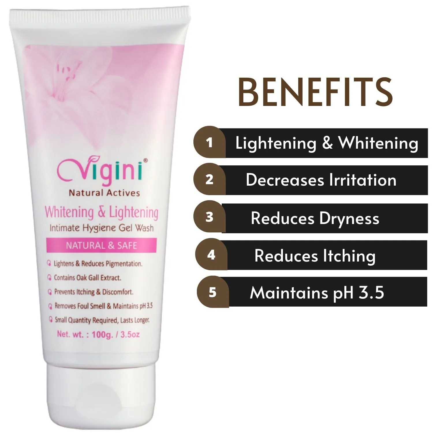Vigini 100% Natural Actives Whitening & Lightening Intimate Feminine Hygiene Gel Wash 100ml