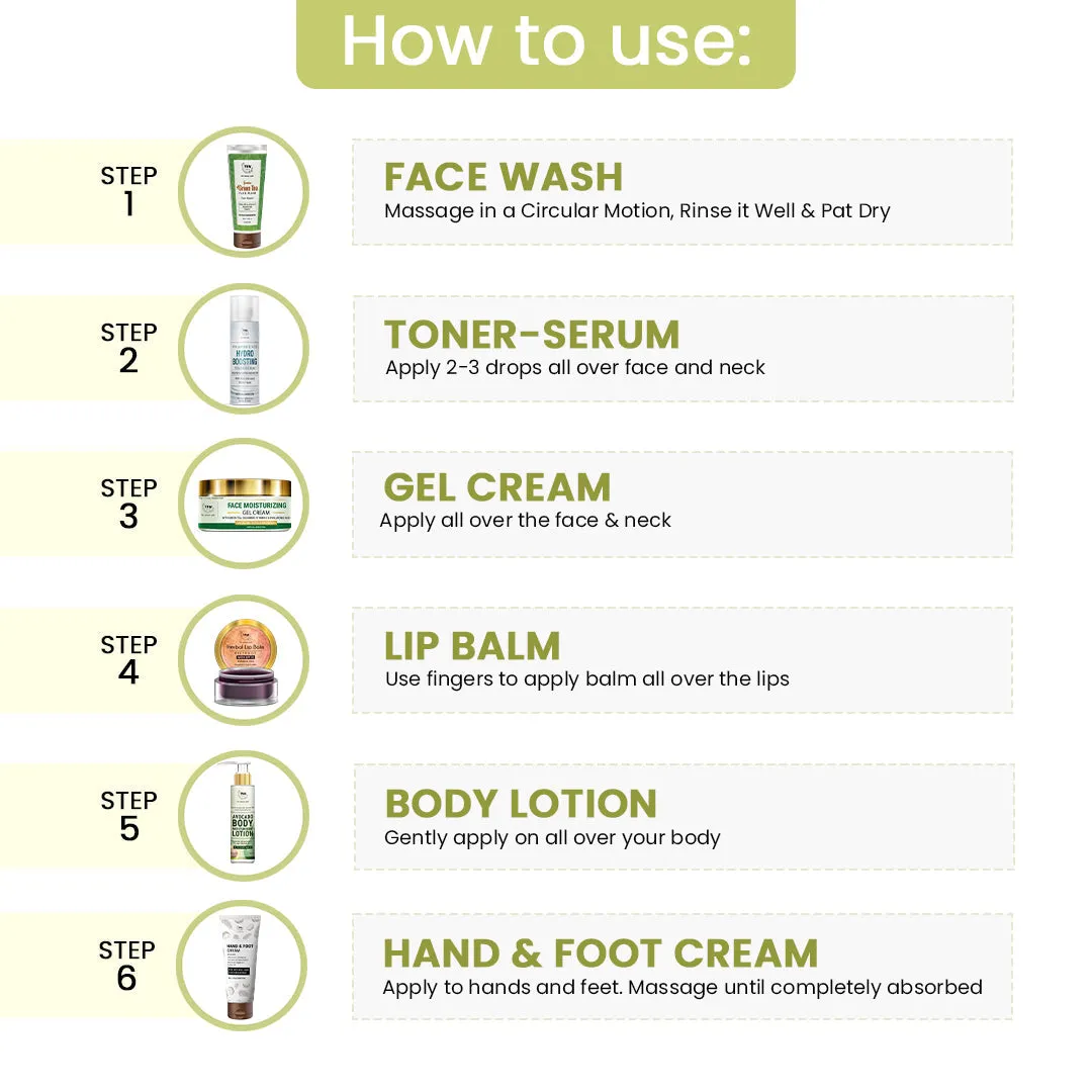 Winter Combo (Hand & Foot cream, Avocado body lotion, Hydro boosting toner-serum, Herbal lip balm, Green tea face wash, face moisturizing gel cream   Get a FREE Pouch)